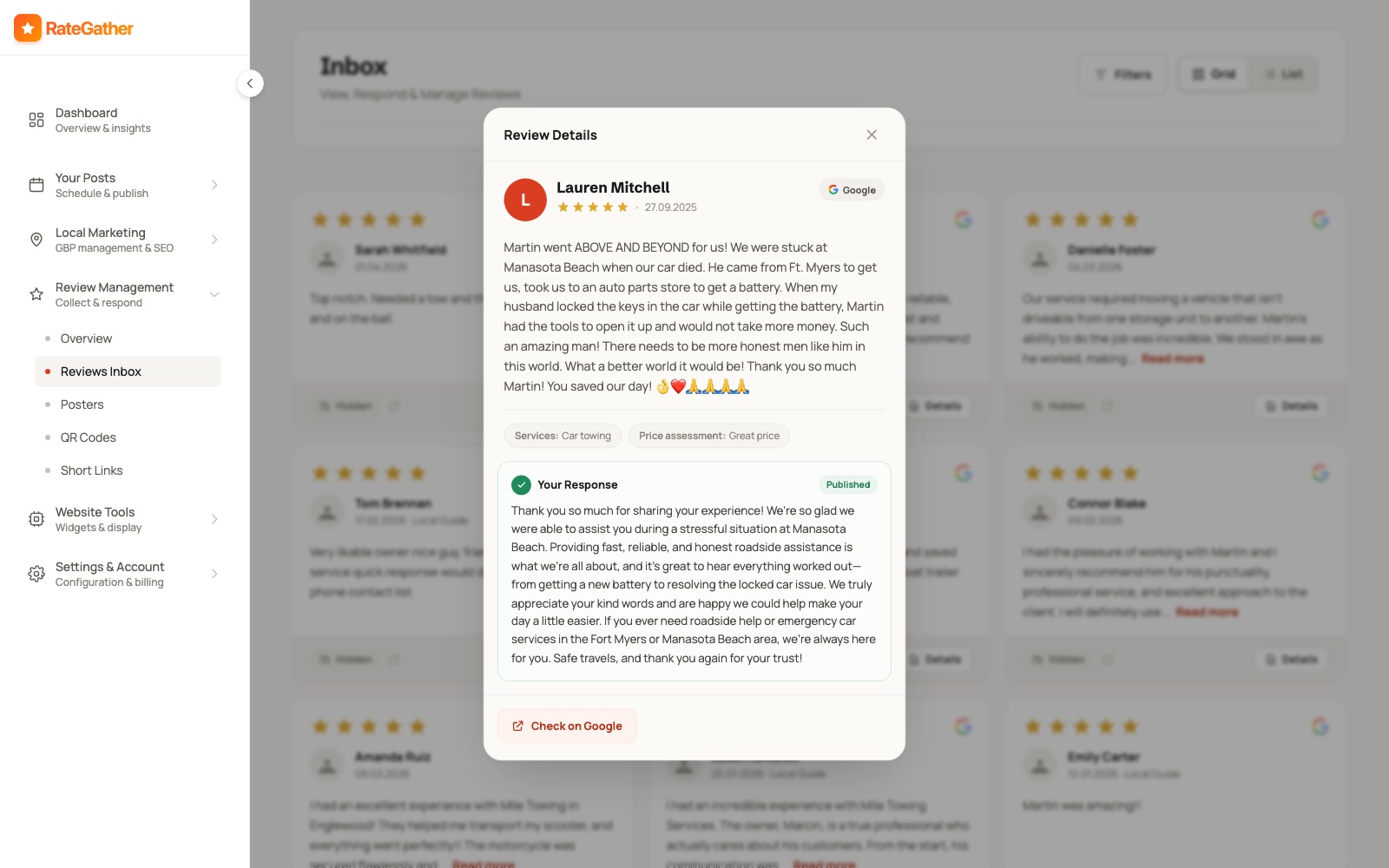 RateGather reviews inbox — a five-star Google review with a published AI-written response