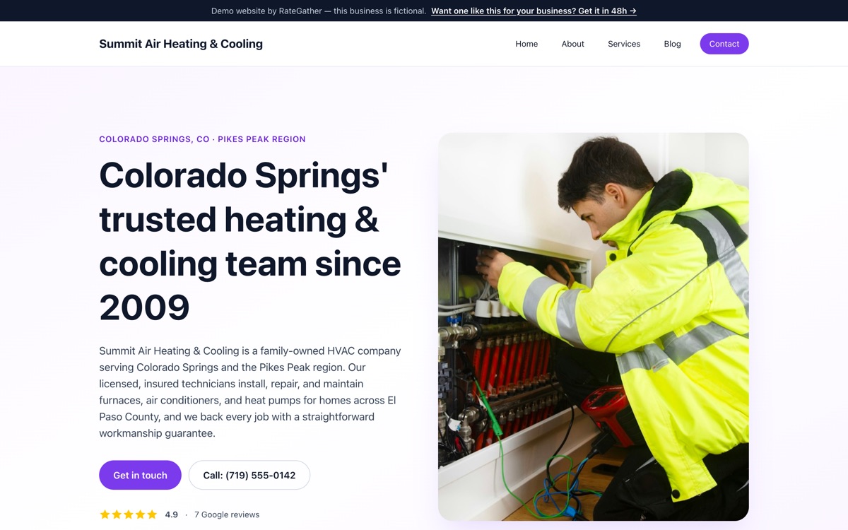 Homepage of the Summit Air Heating & Cooling demo website